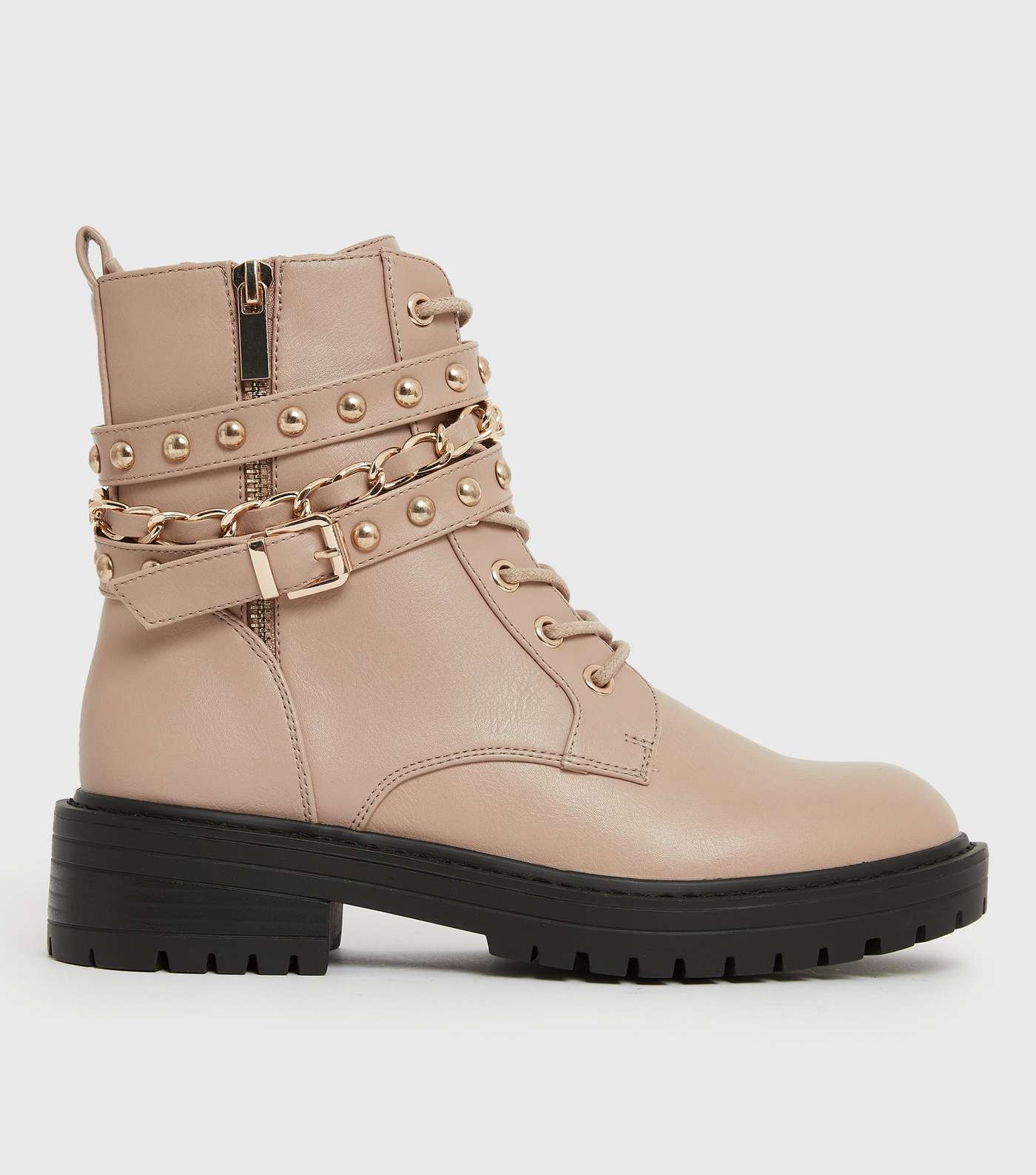 Camel Stud Chain Trim Chunky Ankle Boots