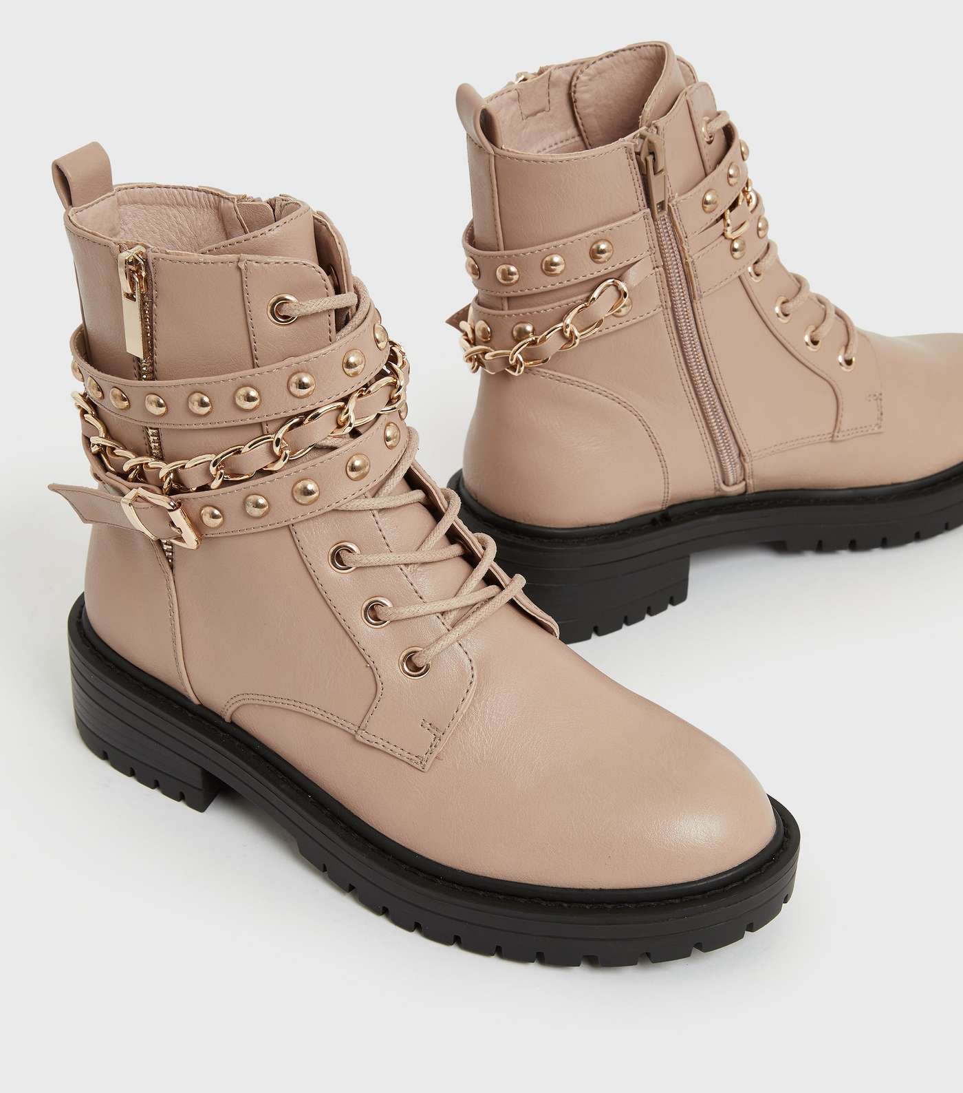 Camel Stud Chain Trim Chunky Ankle Boots Image 3