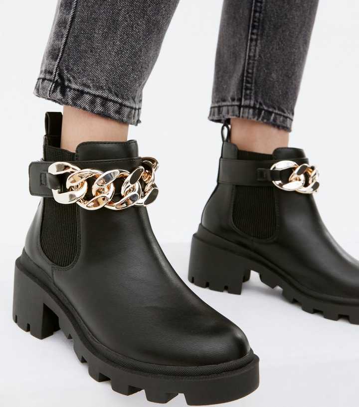 Black Chain Trim Block Heel Chunky Chelsea Boots | New Look