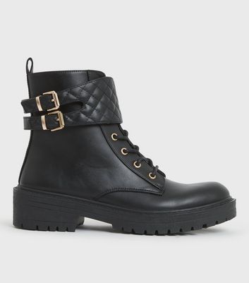 shop for Black Quilted Buckle Trim Chunky Biker Boots New Look Vegan at Shopo