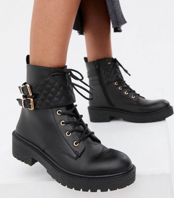 womens black chunky biker boots