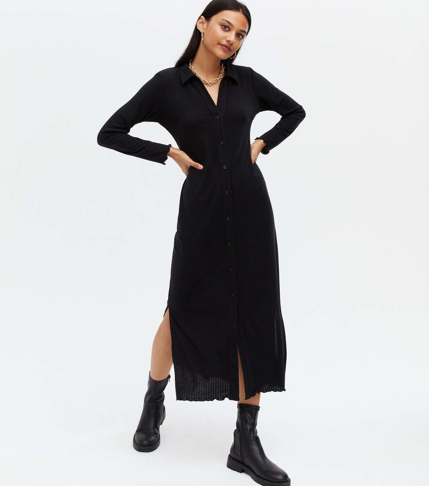 Black Ribbed Jersey Frill Midi Shirt Dress Image 2