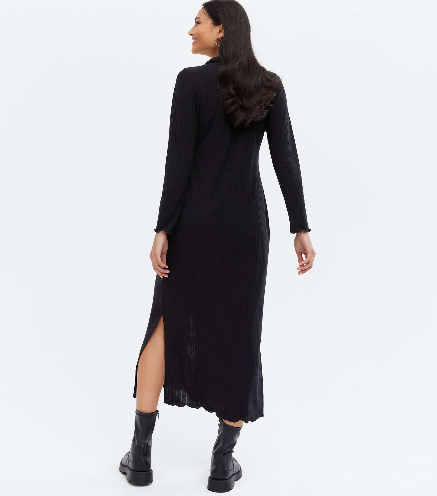Black Ribbed Jersey Frill Midi Shirt Dress Image 4