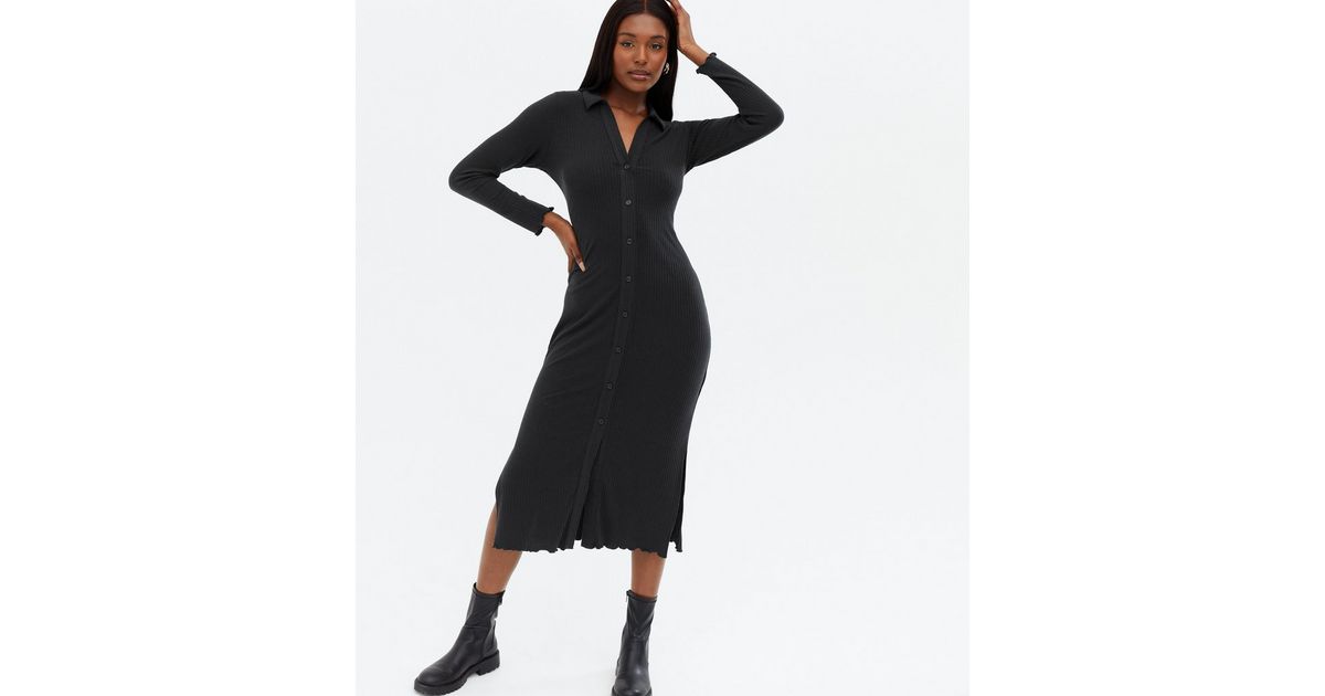 Dark Grey Ribbed Jersey Frill Midi Shirt Dress New Look