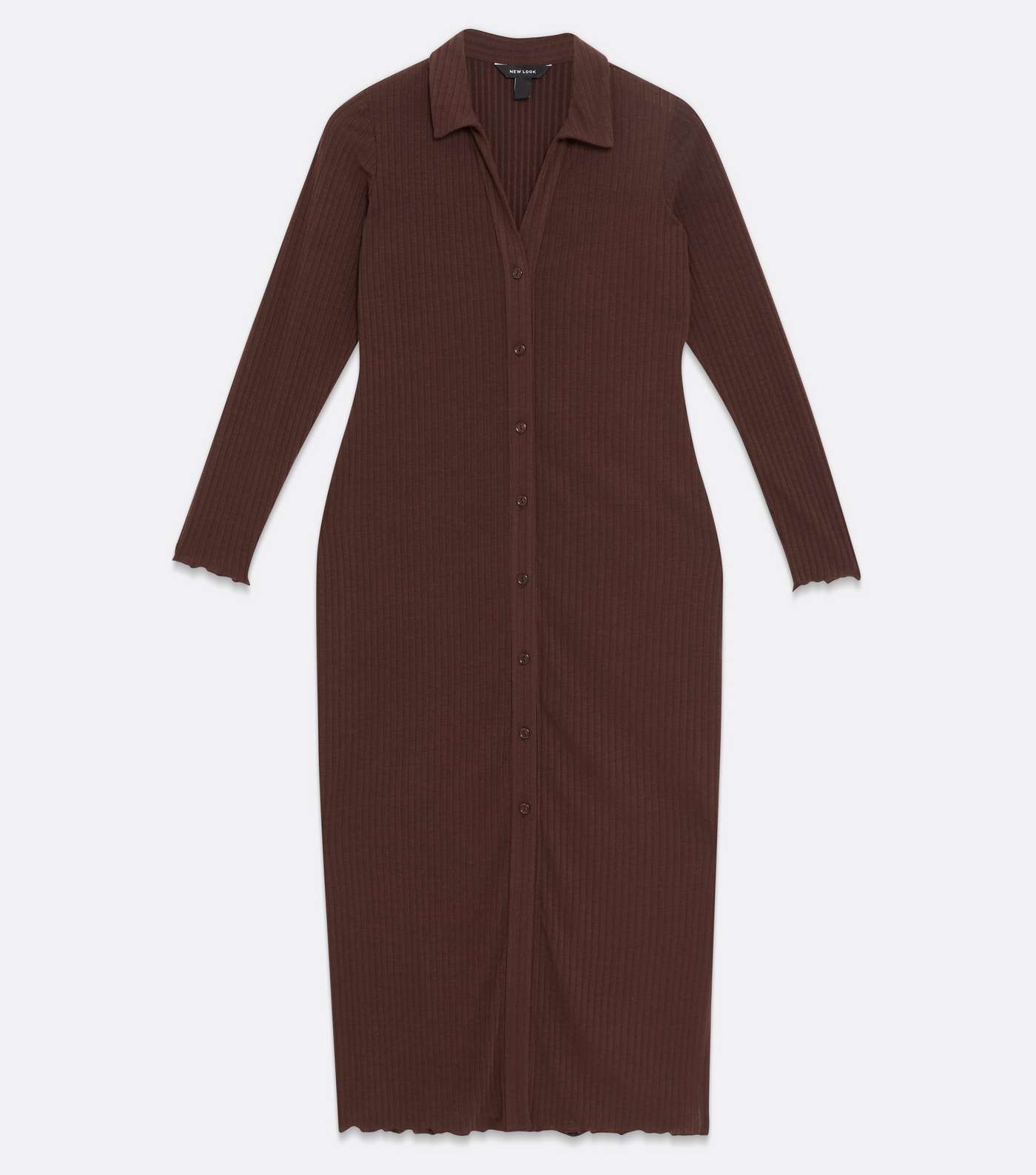 Dark Brown Ribbed Jersey Frill Midi Shirt Dress Image 5