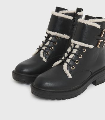 shop for Black Faux Shearling Trim Chunky Boots New Look Vegan at Shopo