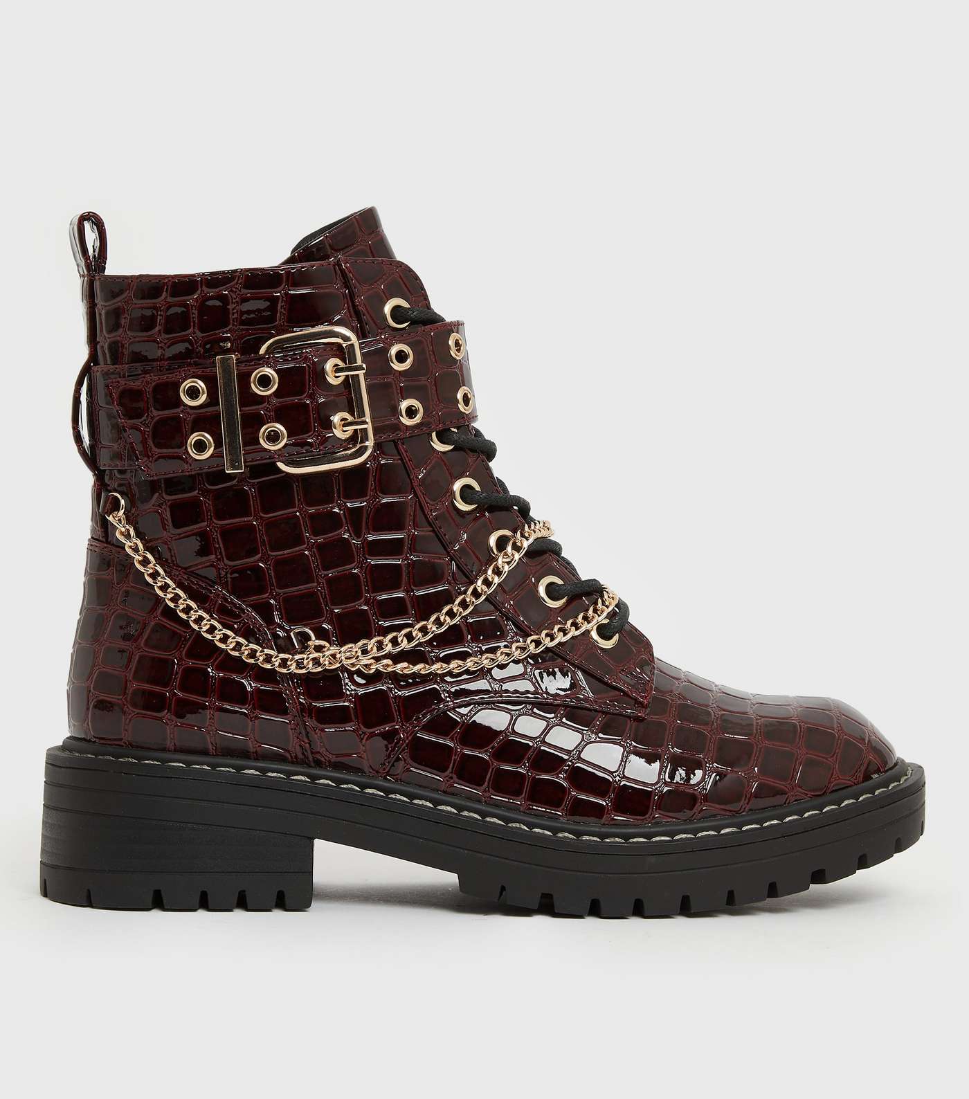Wide Fit Dark Red Faux Croc Chain Chunky Boots