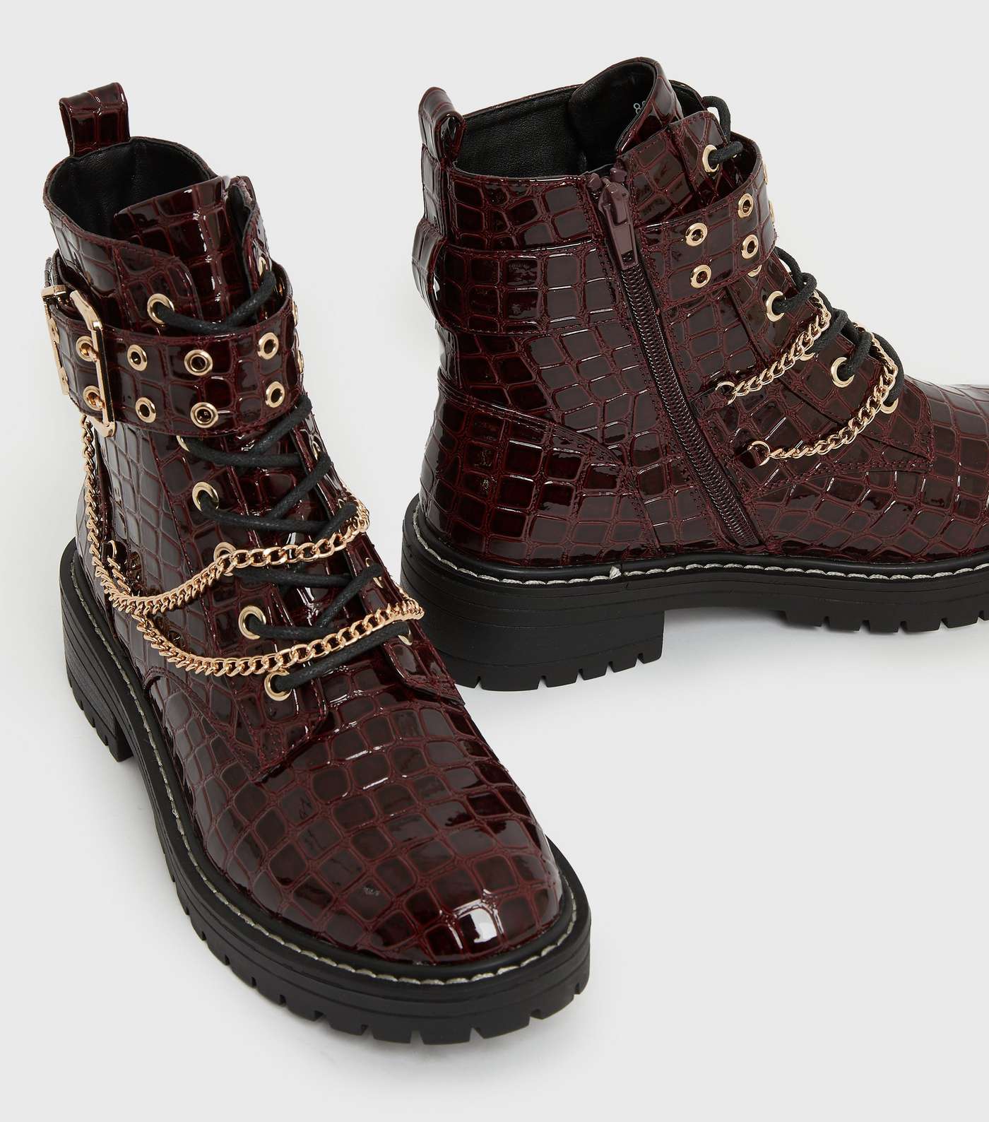 Wide Fit Dark Red Faux Croc Chain Chunky Boots Image 3