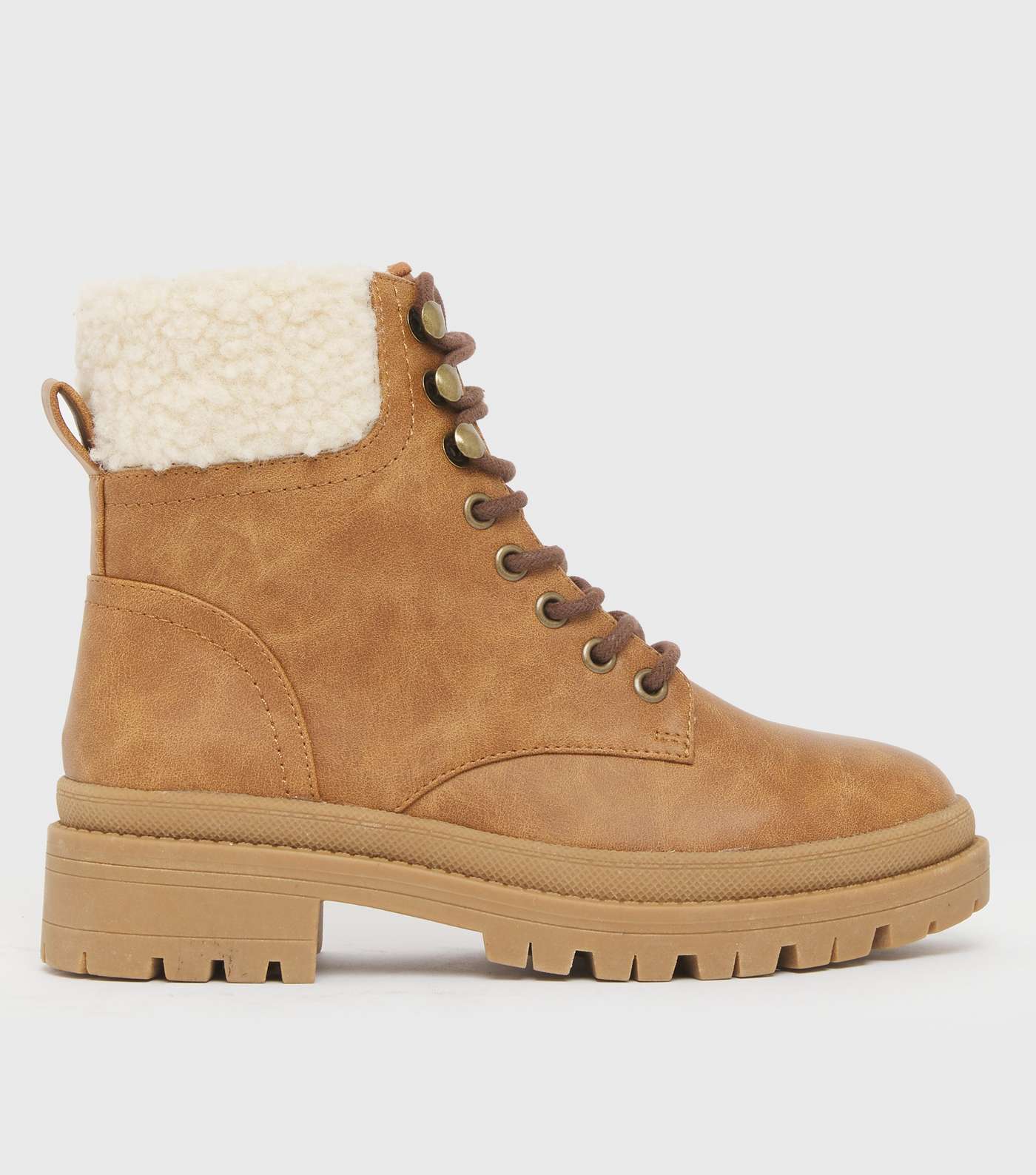 Tan Faux Shearling Lace Up Chunky Boots