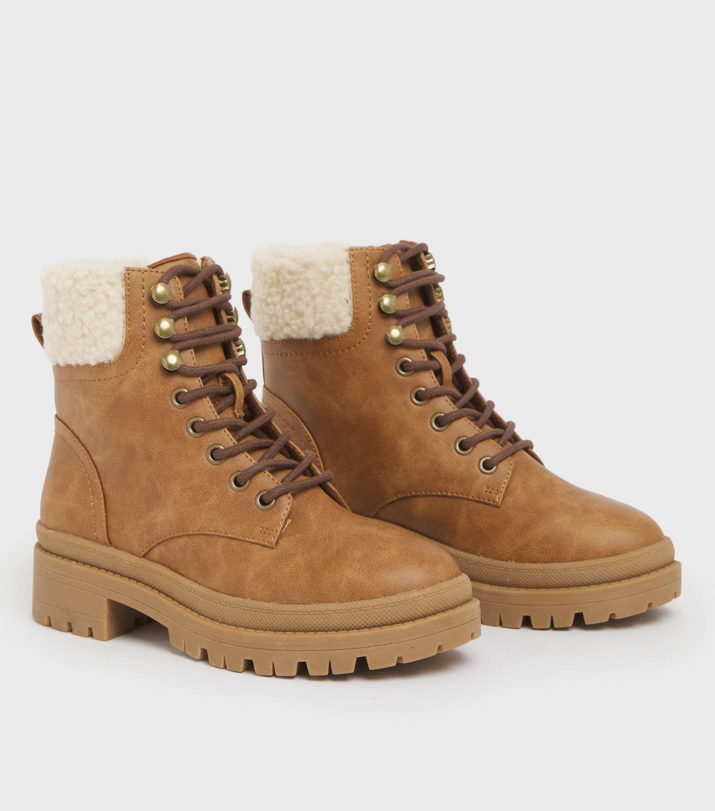 Tan Faux Shearling Lace Up Chunky Boots Image 3