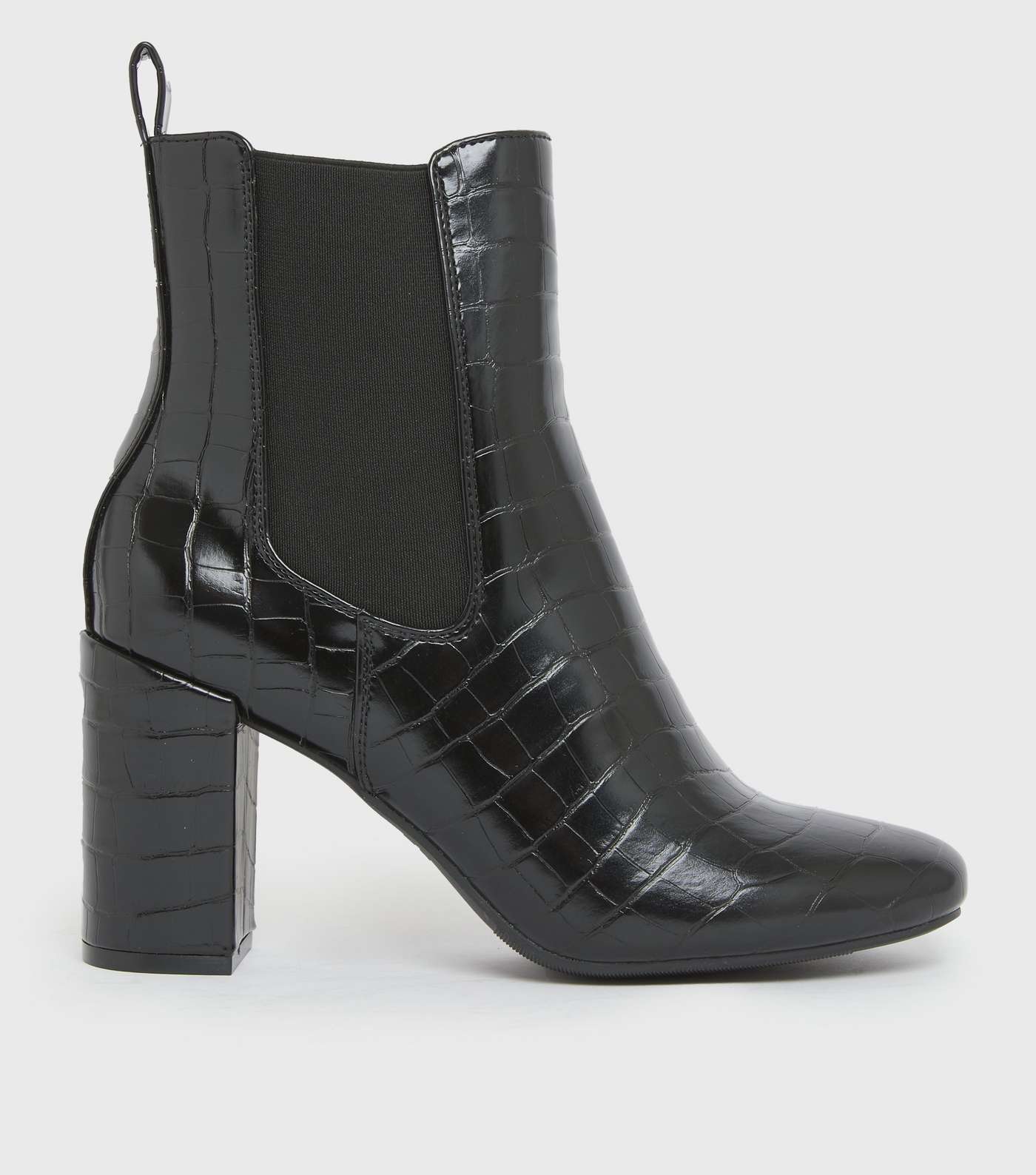 Black Faux Croc Block Heel Ankle Boots