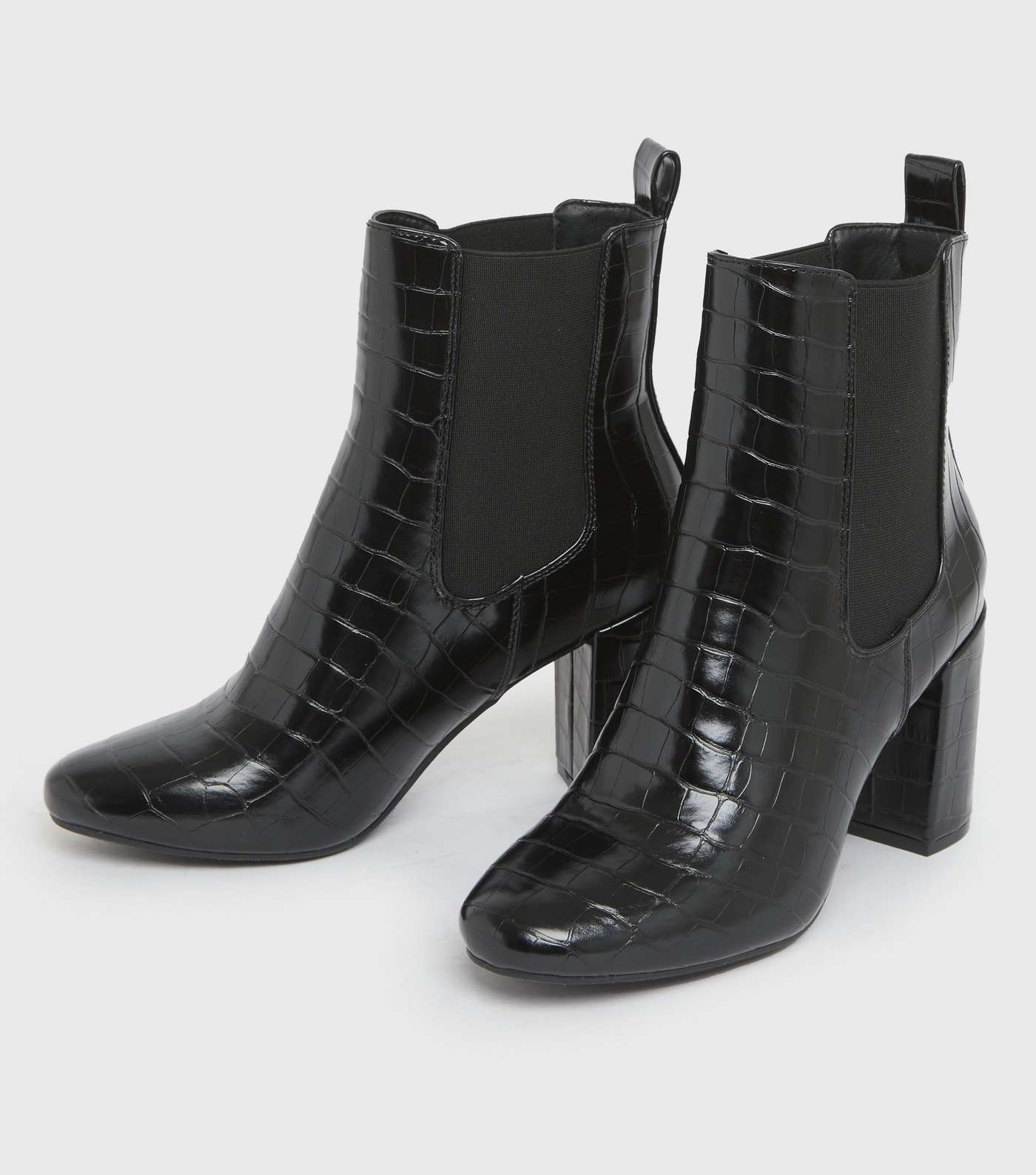 Black Faux Croc Block Heel Ankle Boots Image 3