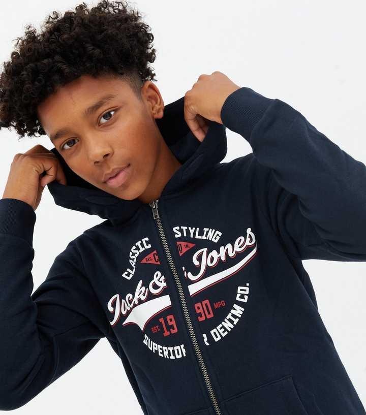Jack u0026 Jones Junior Navy Logo Zip Hoodie | New Look