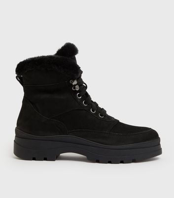 new look lace up shearling hiker boots in black