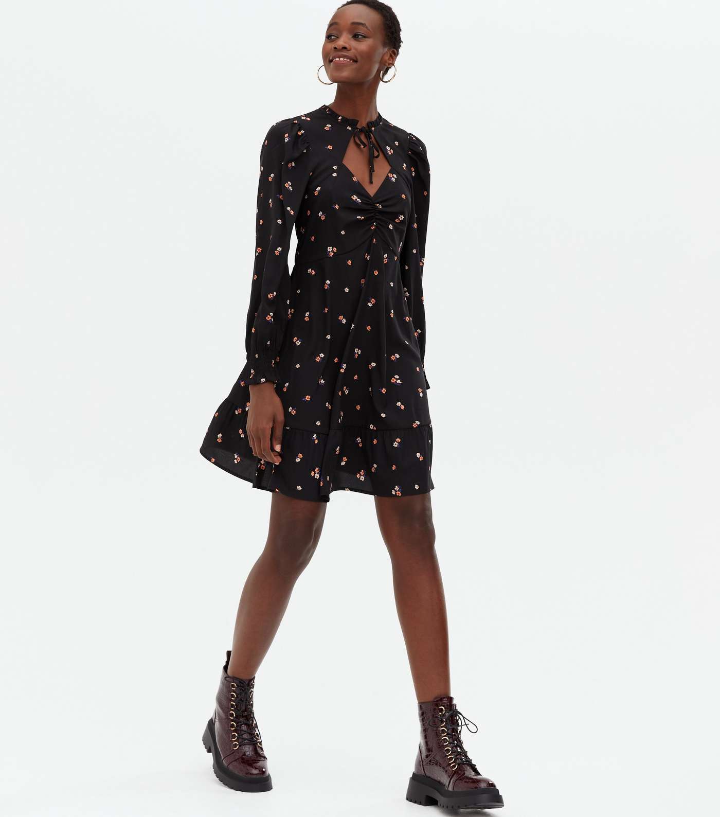 Tall Black Floral Frill Cut Out Tie Neck Mini Dress Image 2
