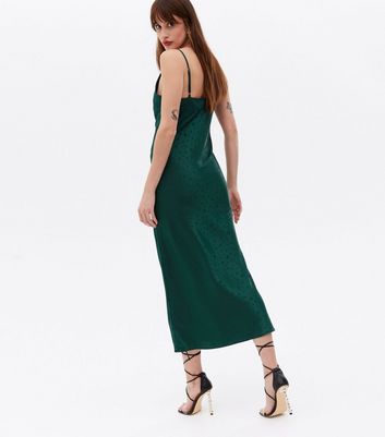 Tall Dark Green Jacquard Spot Satin Cowl Neck Midi Dress New Look