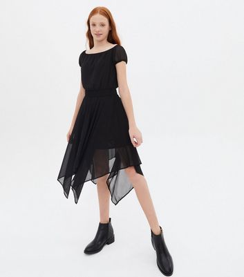 Girls Black Chiffon Bardot Hanky Hem Midi Dress