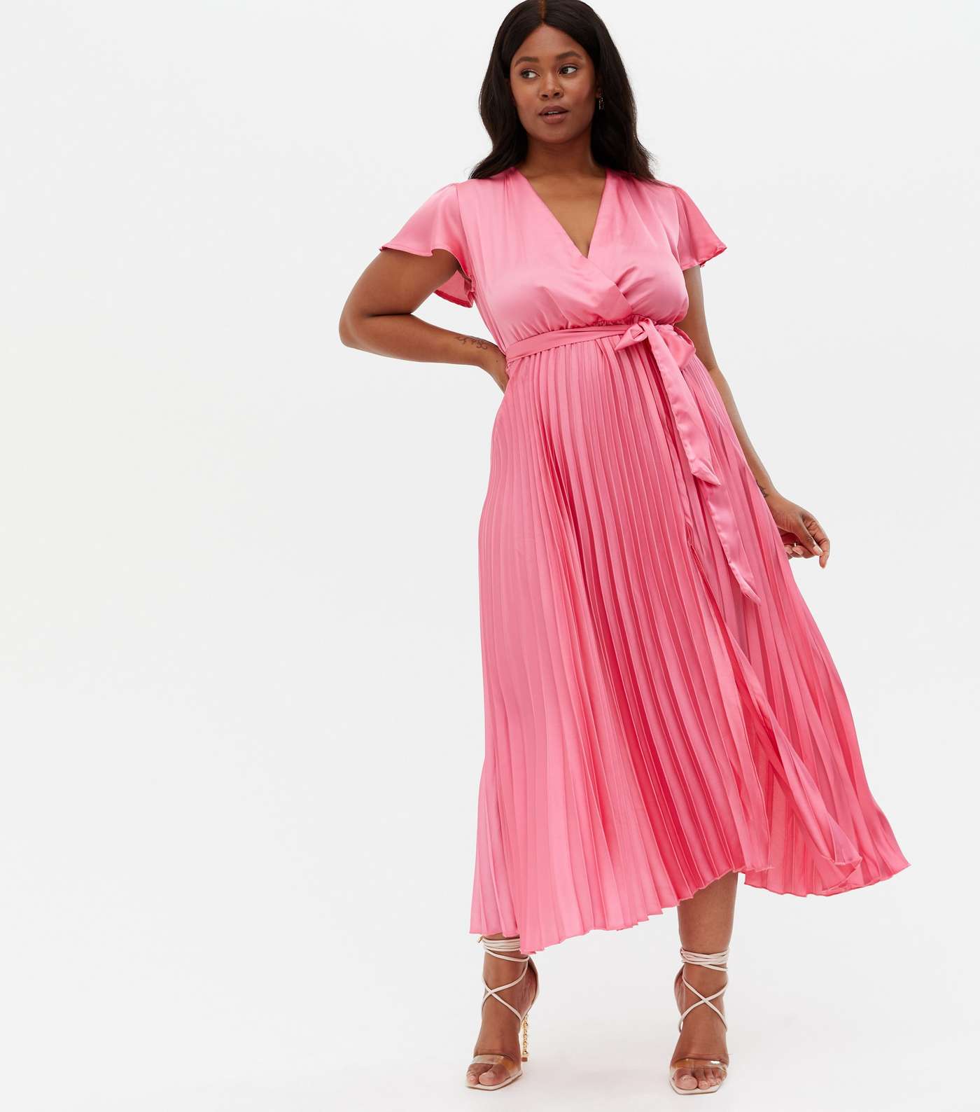 Curves Bright Pink Satin Pleated Midi Wrap Dress Image 2
