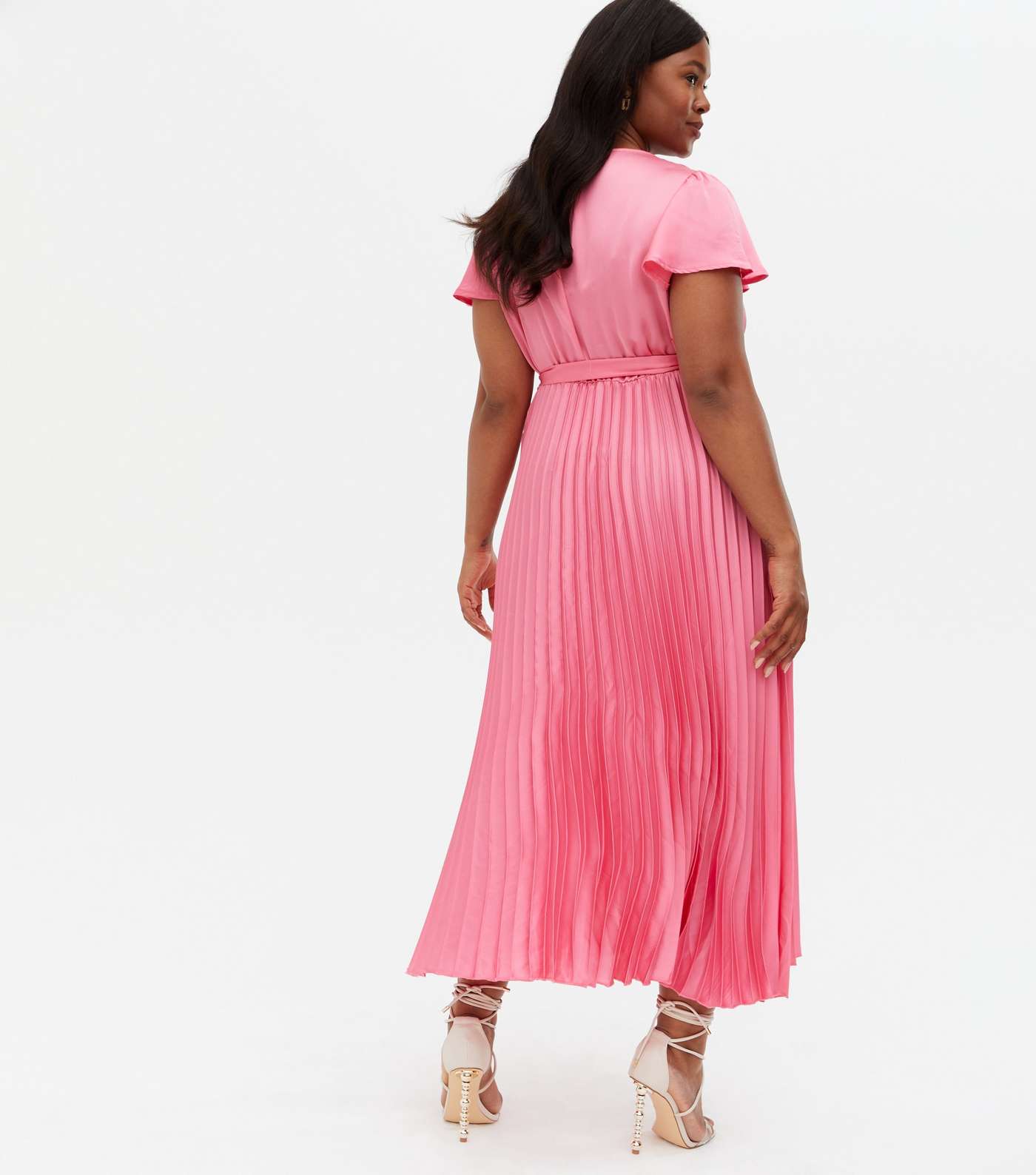 Curves Bright Pink Satin Pleated Midi Wrap Dress Image 4