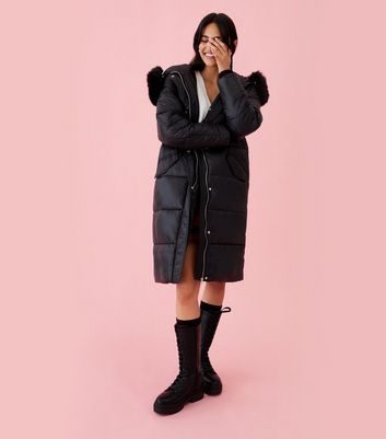 black wet look long puffer coat