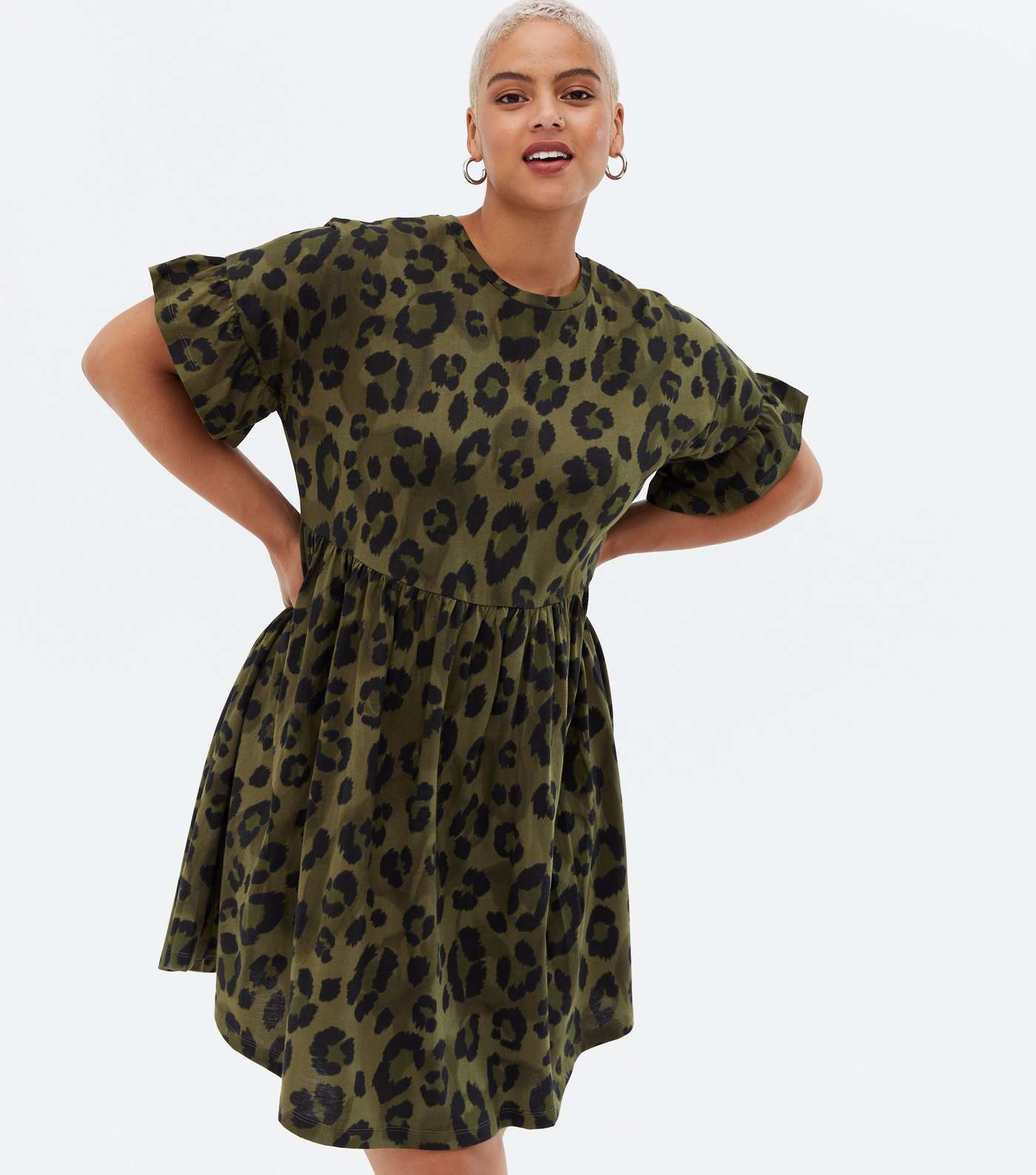 Curves Khaki Leopard Print Frill Sleeve Dress