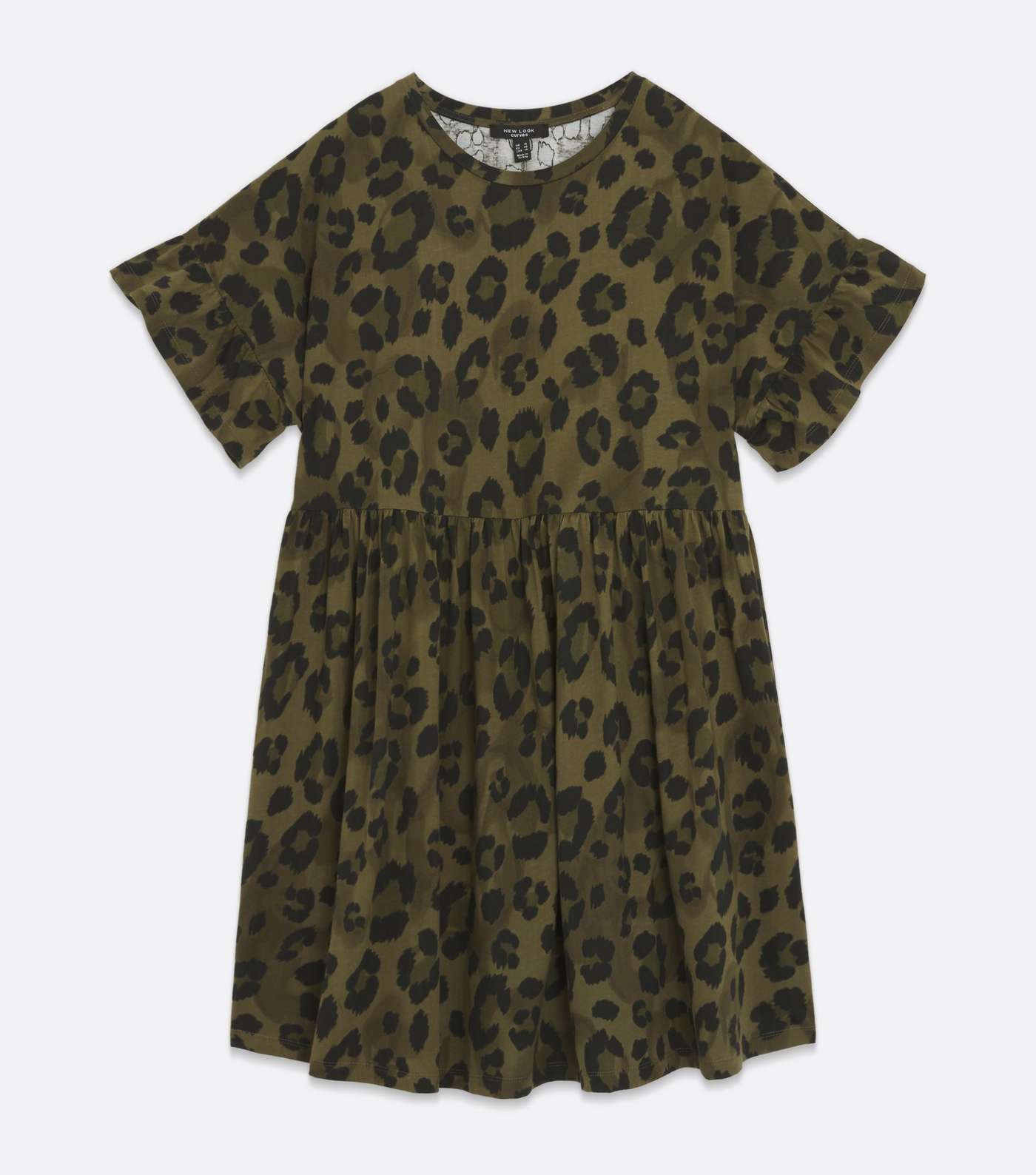 Curves Khaki Leopard Print Frill Sleeve Dress Image 5