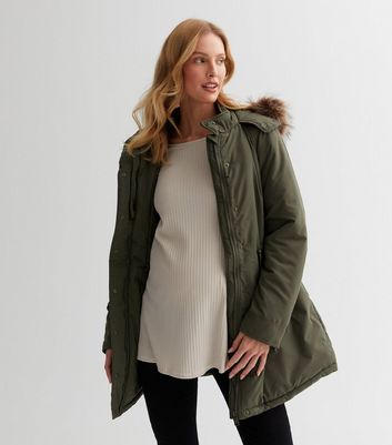 Maternity Khaki Faux Fur Trim Hooded Long Parka