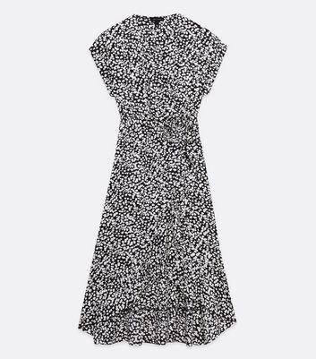 Damen Bekleidung Black Leopard Print Satin Ruffle Midi Wrap Dress
