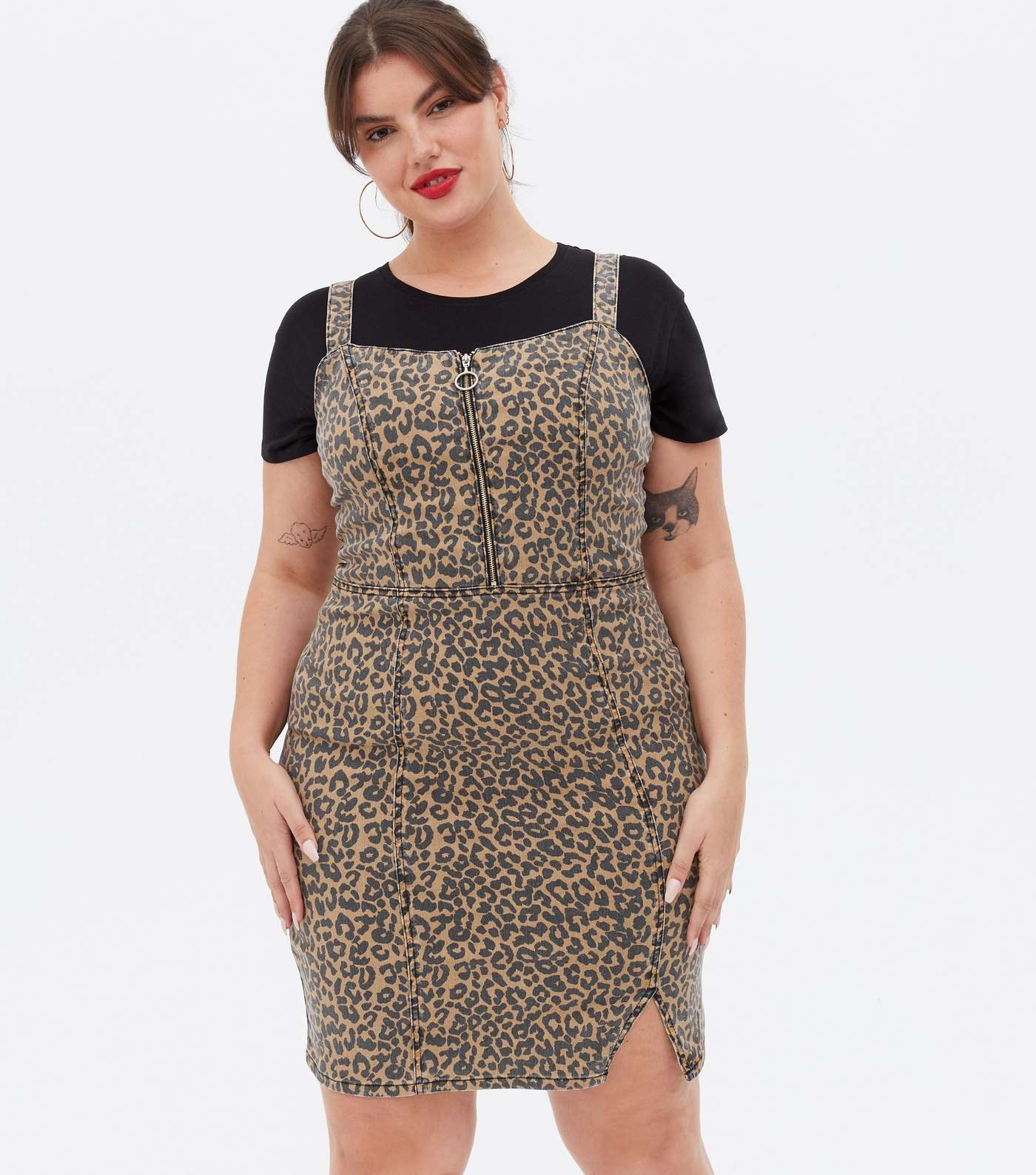 Curves Brown Leopard Print Denim Pinafore Dress