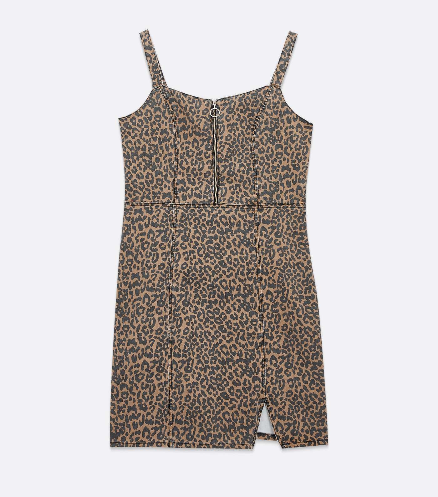Curves Brown Leopard Print Denim Pinafore Dress Image 5
