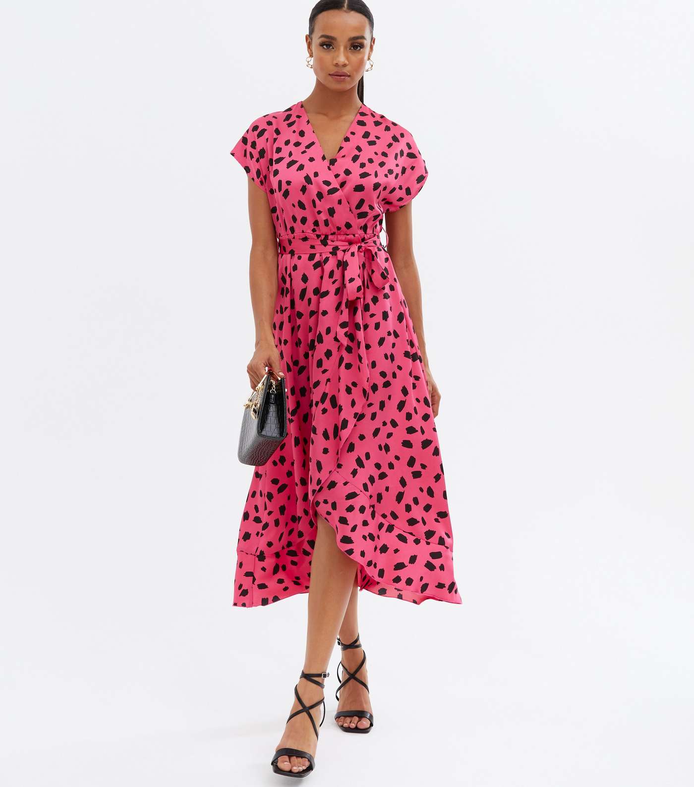 Pink Abstract Spot Satin Ruffle Midi Wrap Dress Image 2