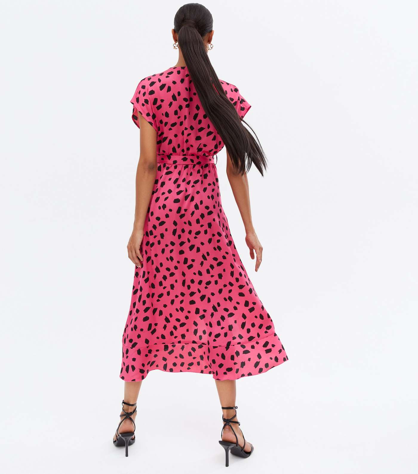 Pink Abstract Spot Satin Ruffle Midi Wrap Dress Image 4