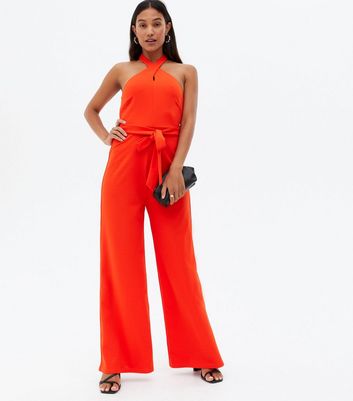 Red Belted Halter Wide Leg Jumpsuit New Look