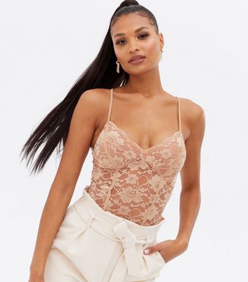 Camel Lace Strappy Bodysuit New Look