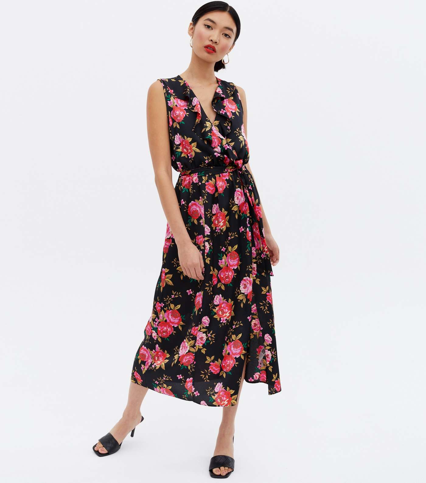 Black Floral Satin Sleeveless Midi Wrap Dress Image 2