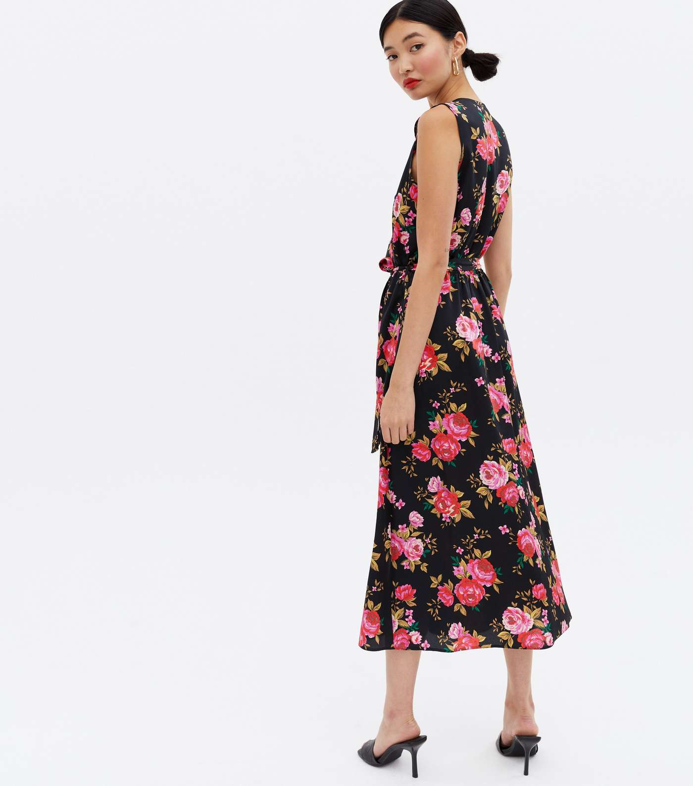 Black Floral Satin Sleeveless Midi Wrap Dress Image 4