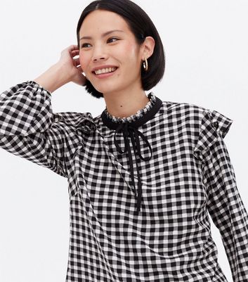 Black Check Tie High Neck Frill Blouse | New Look