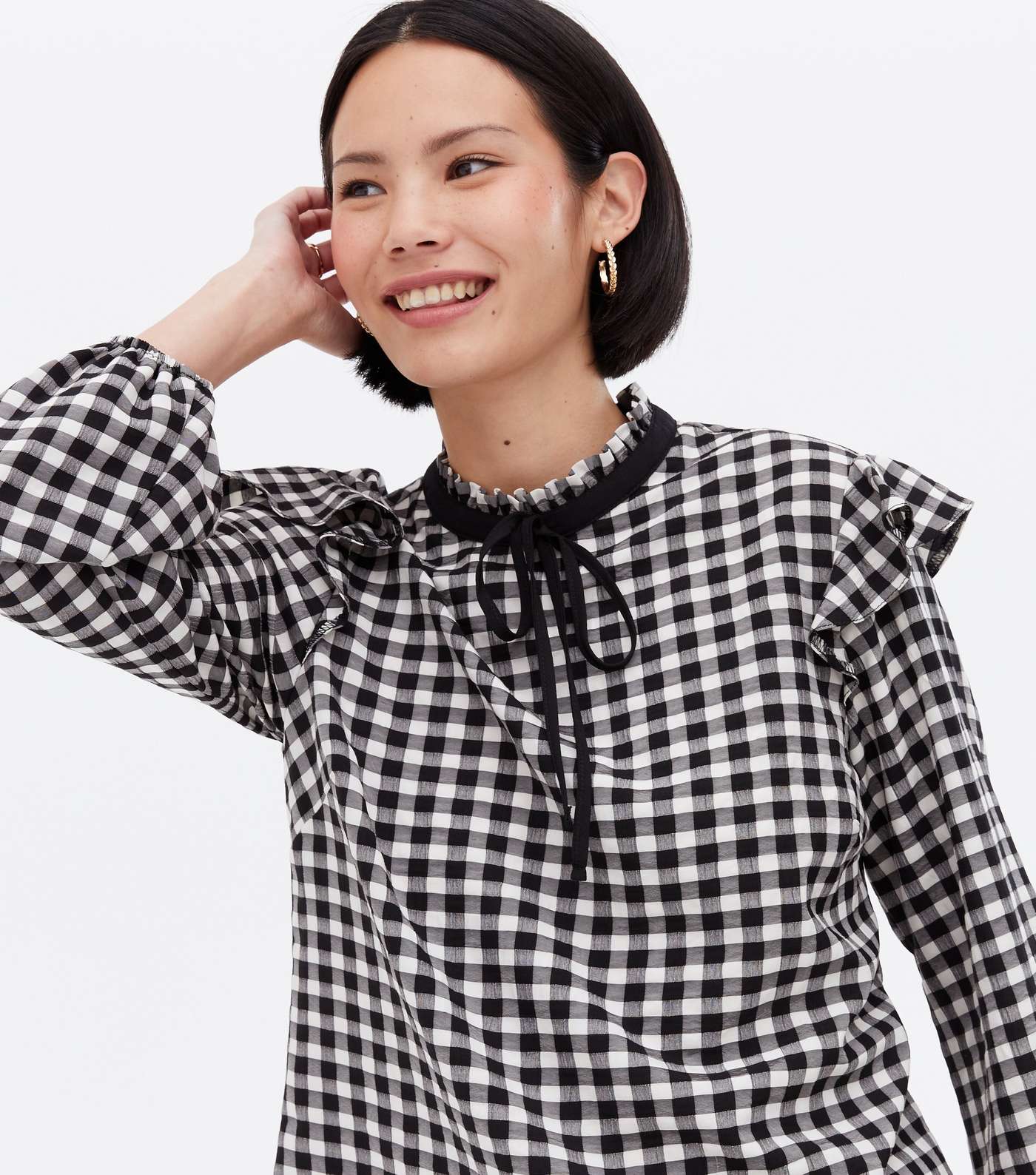 Black Check Tie High Neck Frill Blouse
