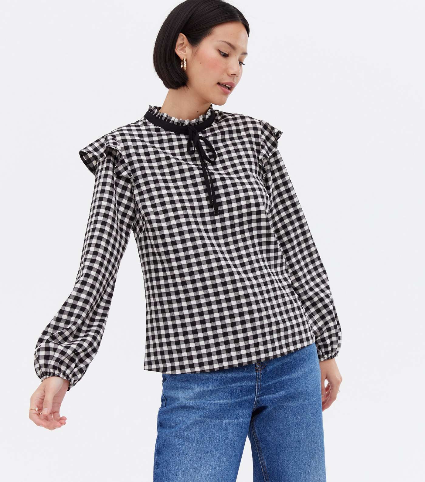 Black Check Tie High Neck Frill Blouse Image 3