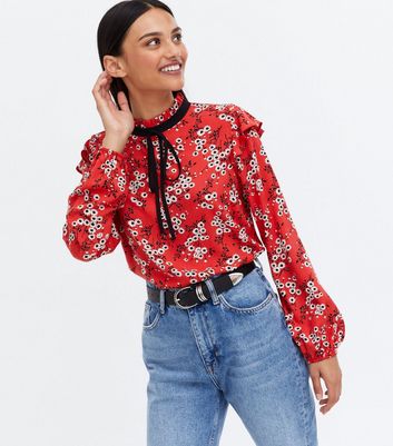 Red Floral Tie High Neck Frill Blouse New Look