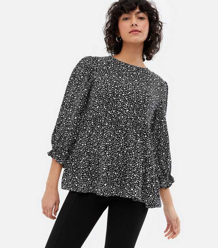 Black Leopard Print Tiered Peplum Blouse