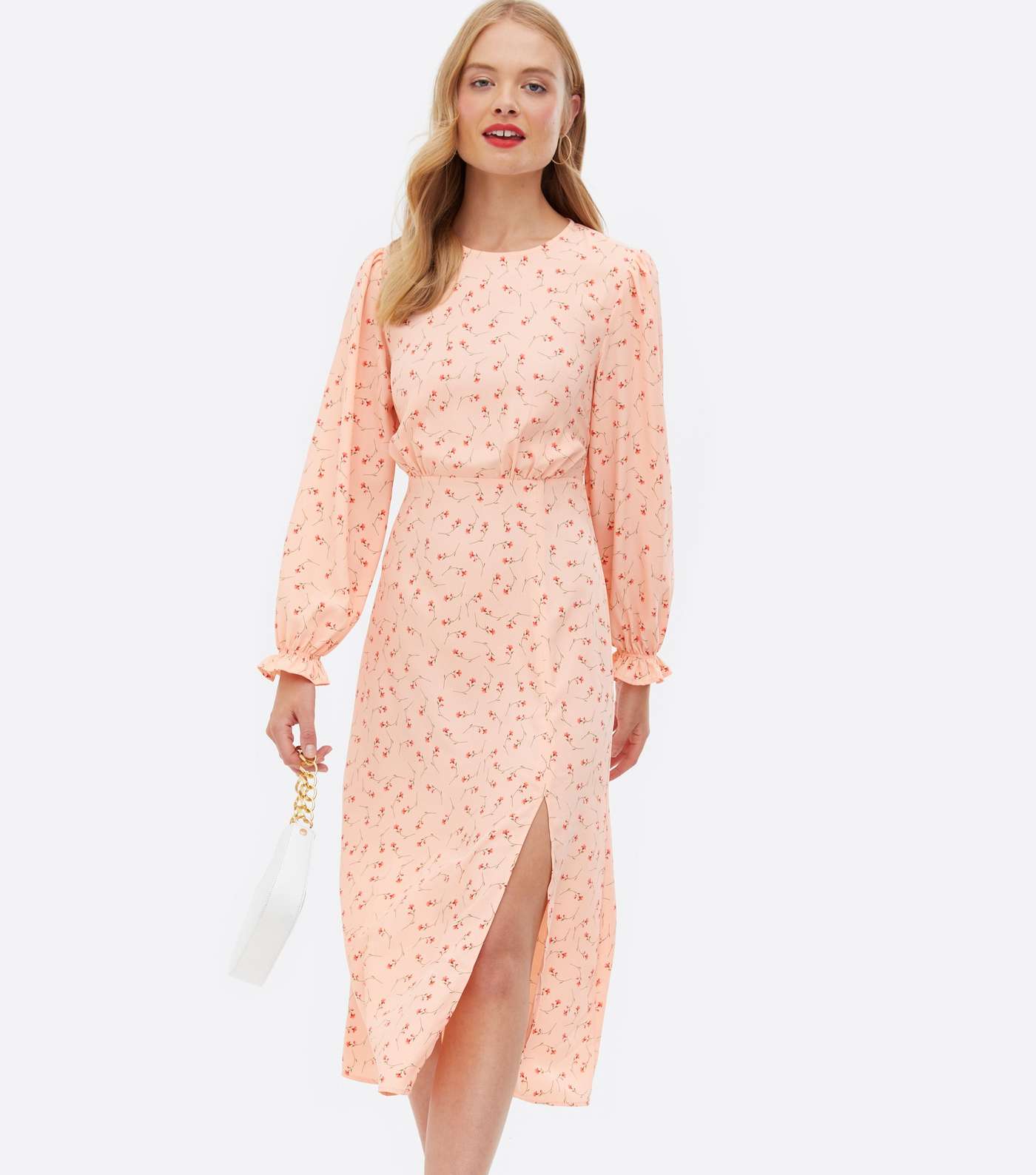 Pink Ditsy Floral Long Sleeve Midi Dress Image 2