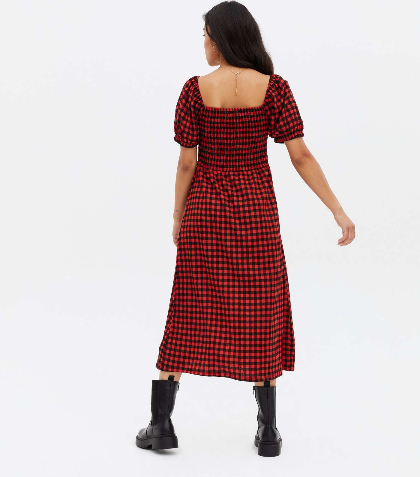 Petite Red Gingham Jersey Square Neck Midi Dress Image 4