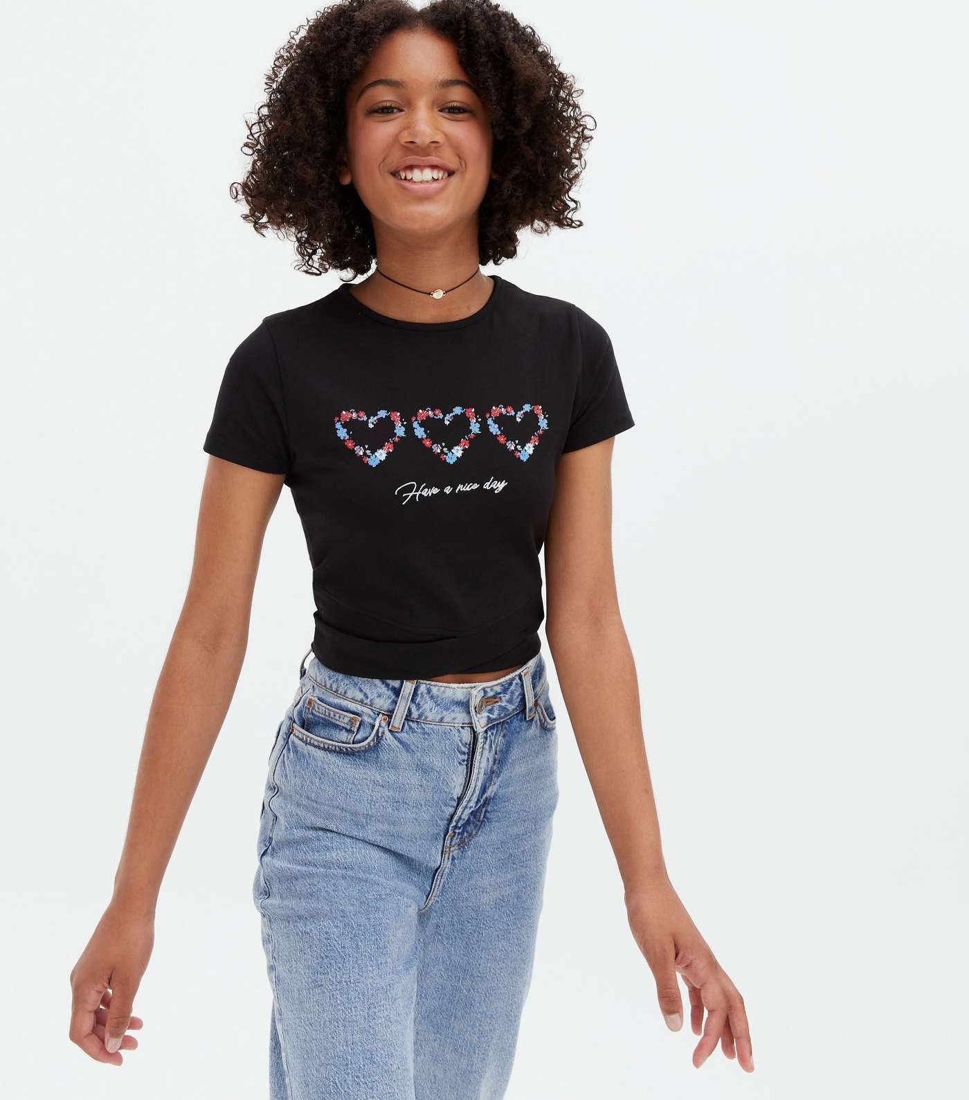 Girls Black Floral Heart Logo T-Shirt