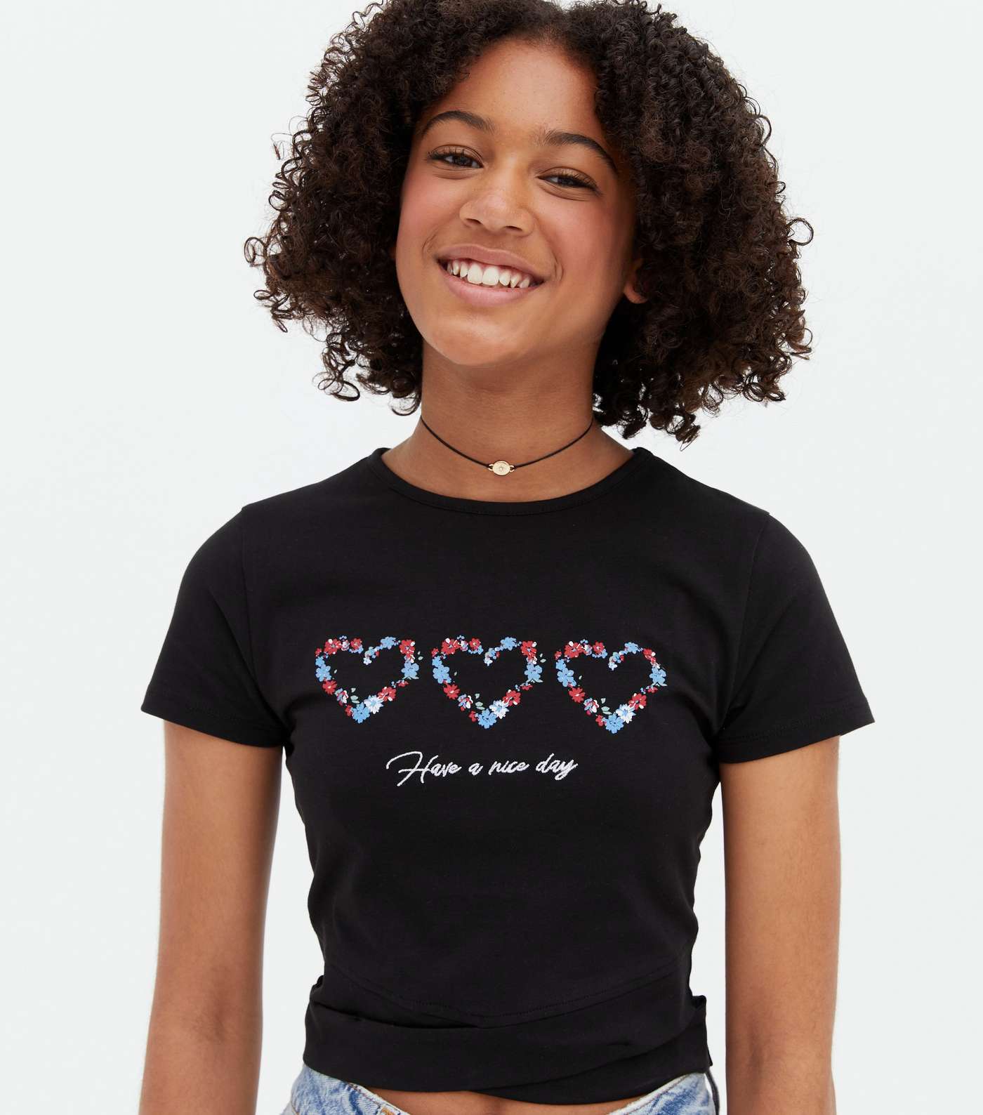Girls Black Floral Heart Logo T-Shirt Image 3