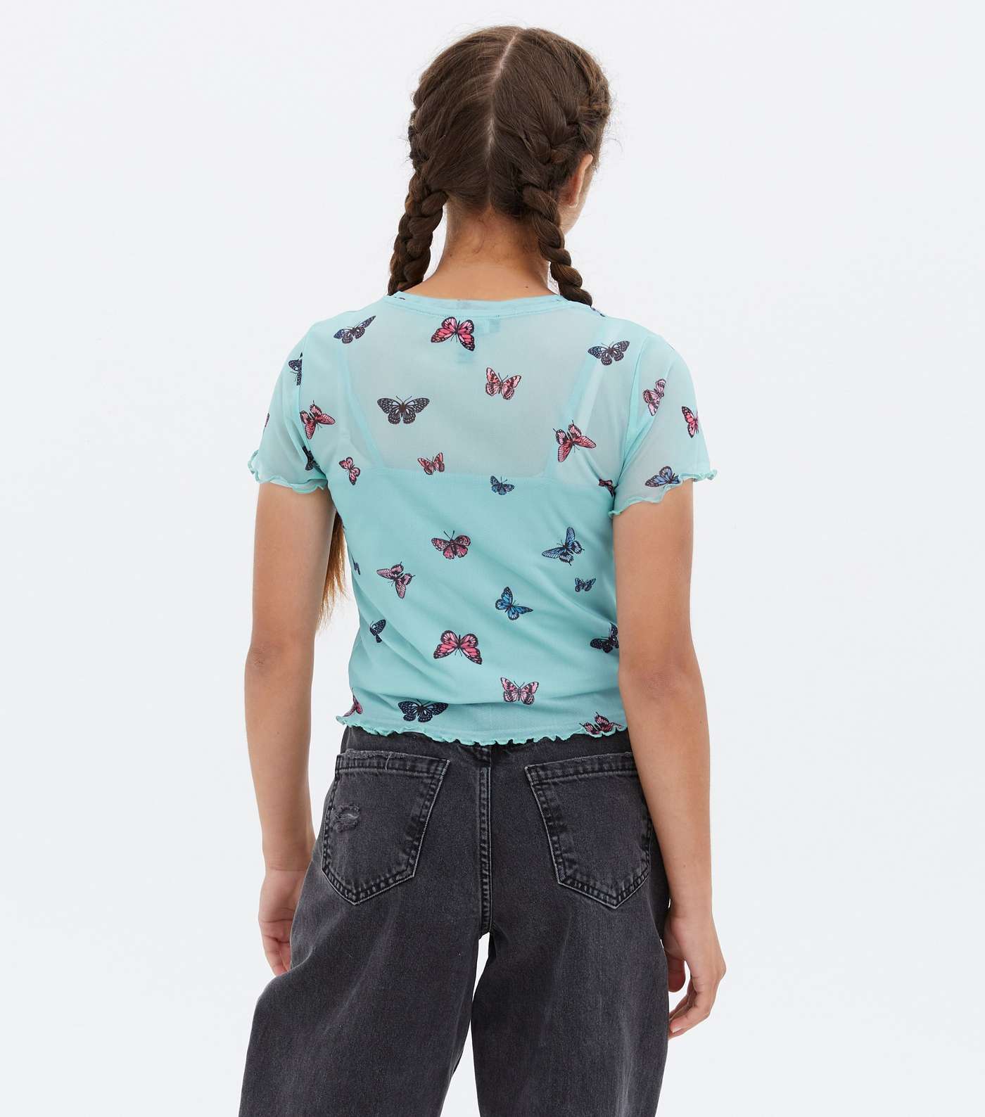 Girls Blue Butterfly Mesh Frill T-Shirt Image 4