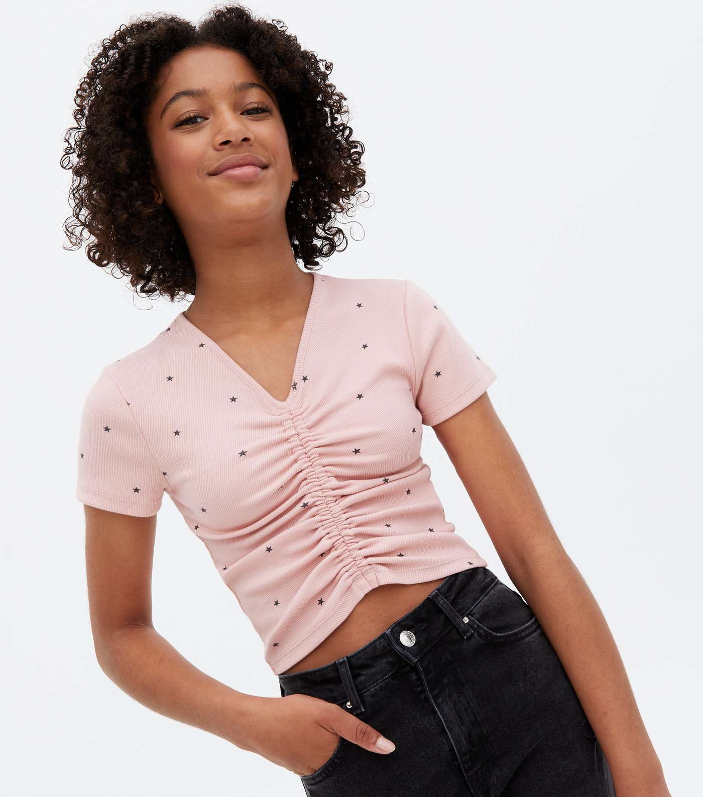 Girls Pale Pink Star Ribbed Ruched T-Shirt