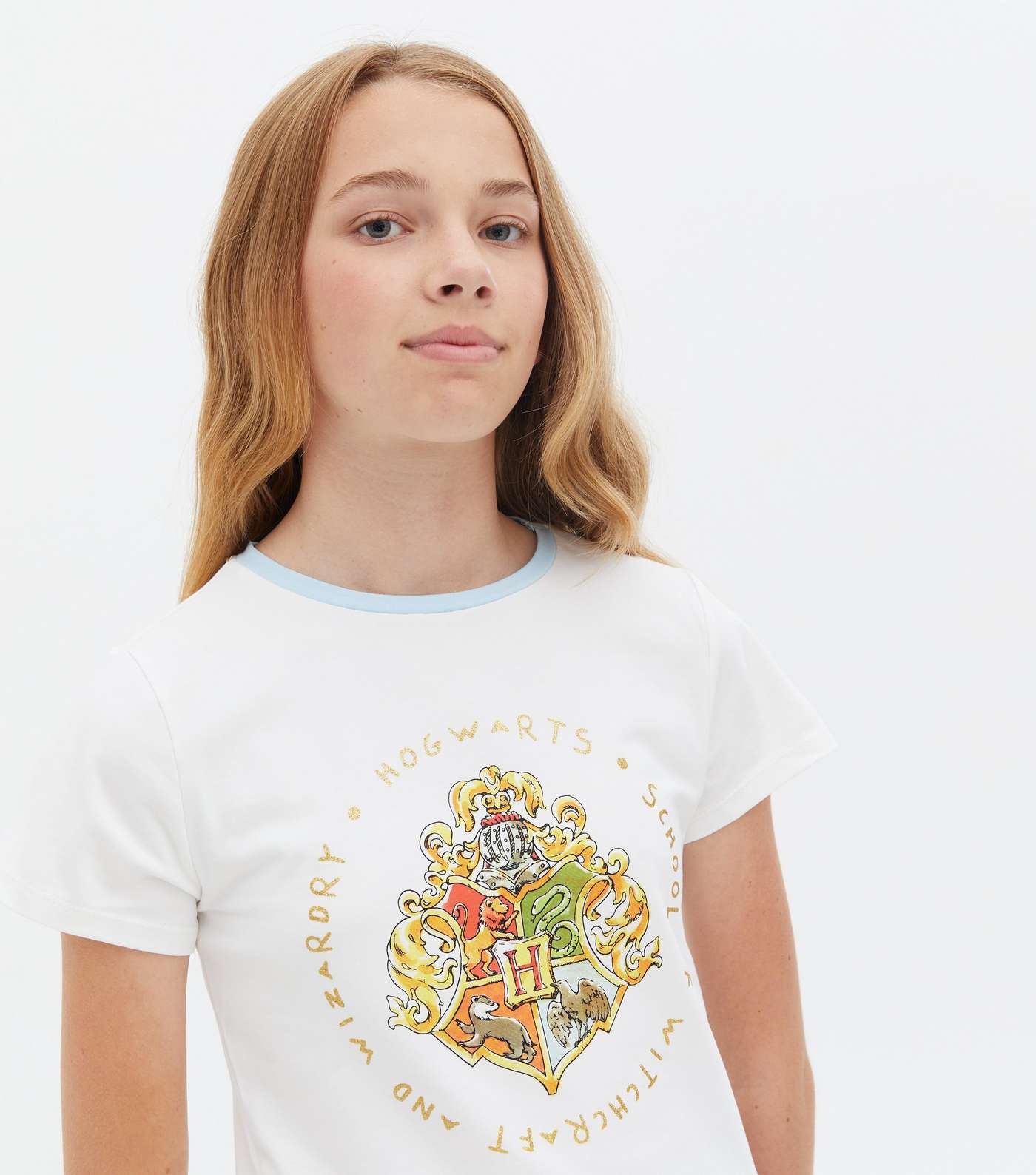 Girls White Harry Potter Hogwarts Crest Logo Ringer T-Shirt