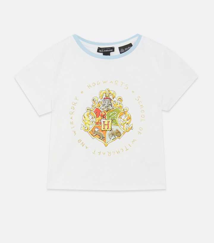 Girls White Harry Potter Logo Hogwarts Ringer Look T-Shirt New | Crest
