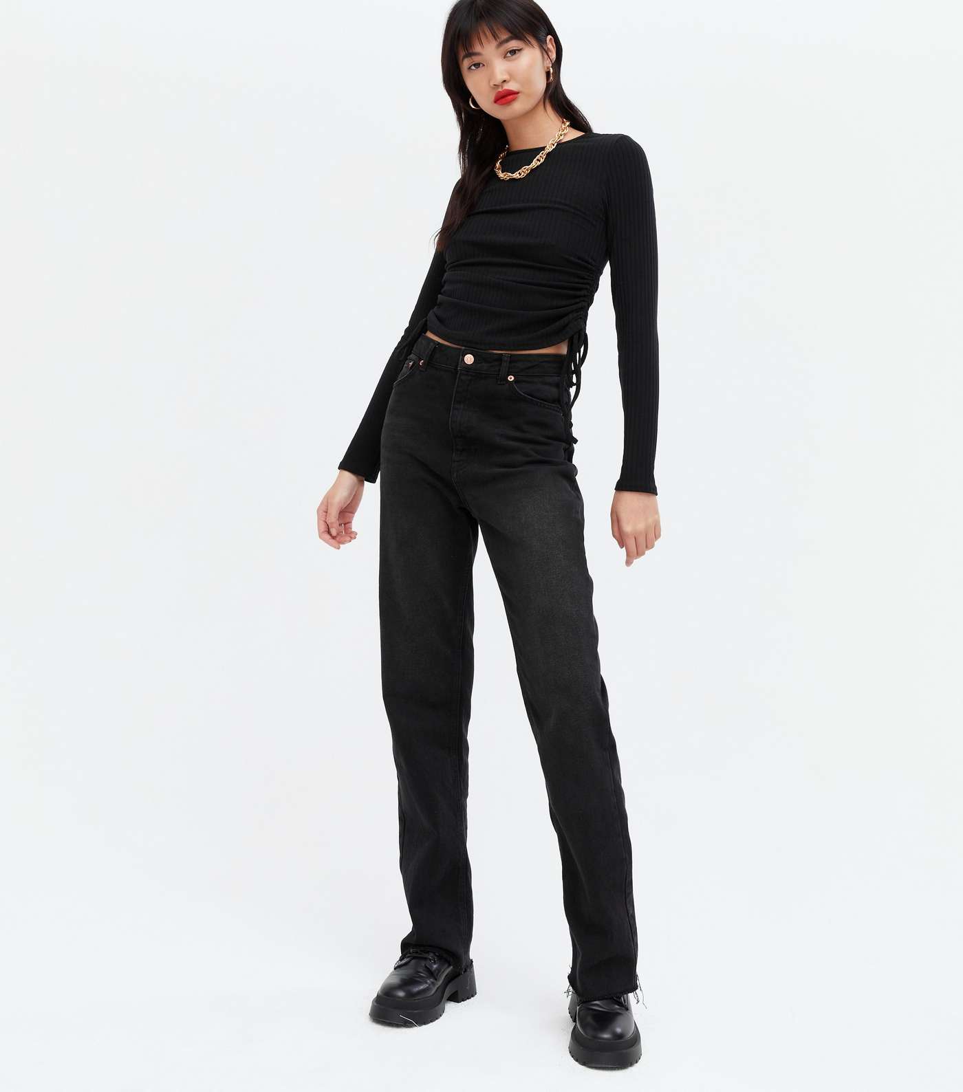 Black Ribbed Ruched Tie Side Long Sleeve Top Image 2